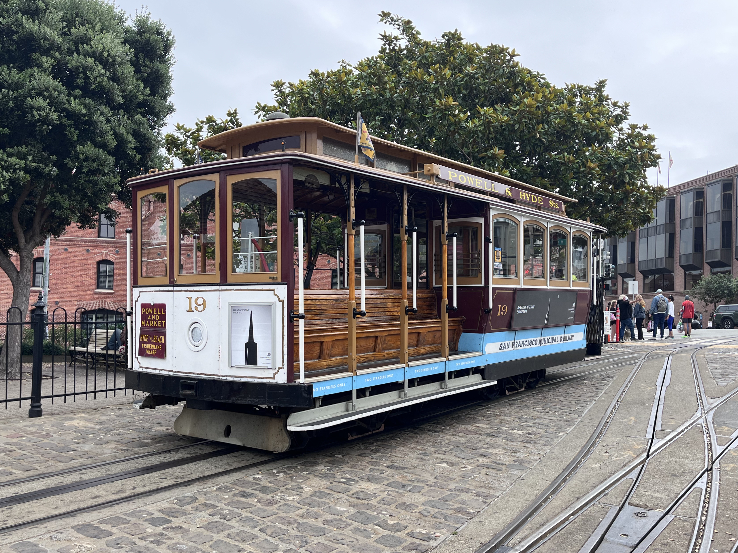 Cable car no. 19 sliding into the turnaround at the base of Russian Hill