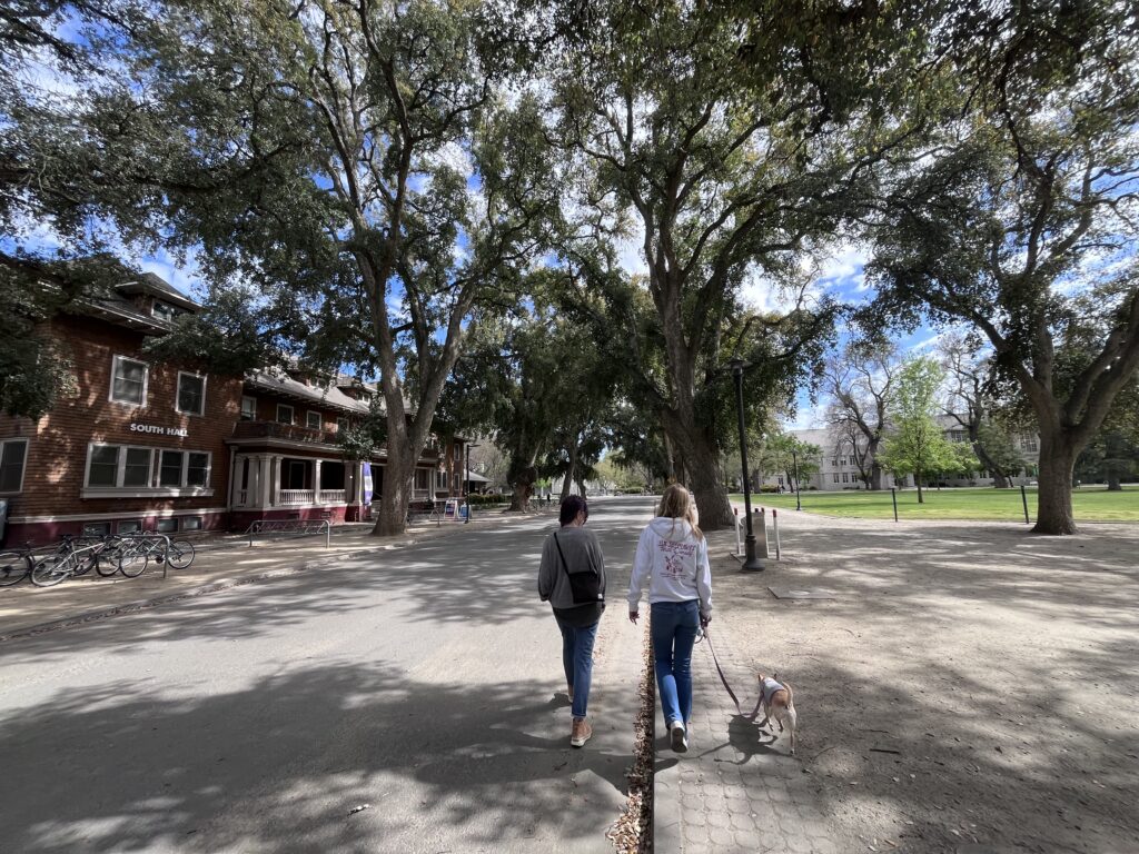 The Wife, The Daughter, and The Dog II walking around UC Davis